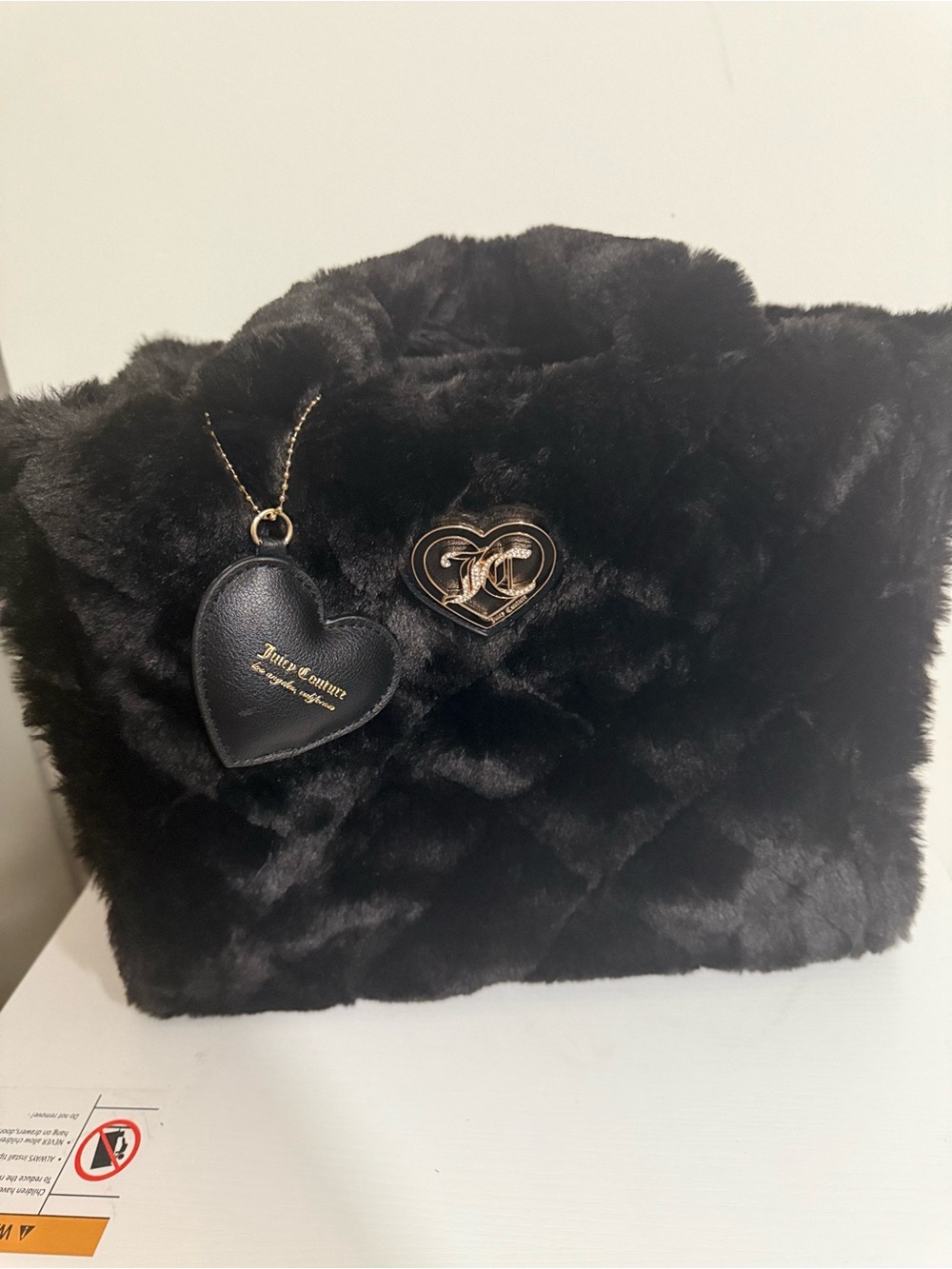 Juicy couture, Black Faux Fur Heart Charm Tote Bag comes with strap NWOT